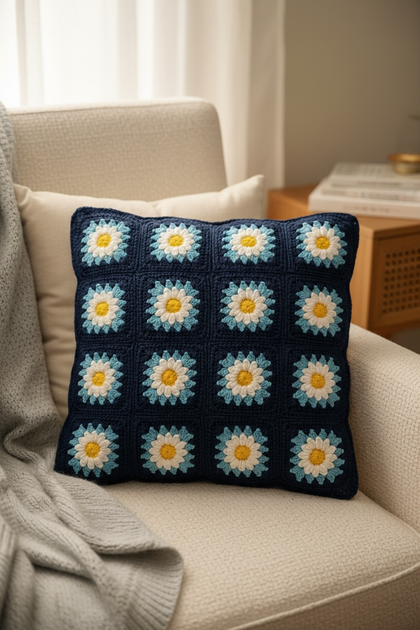 Blue bloom crochet cushion