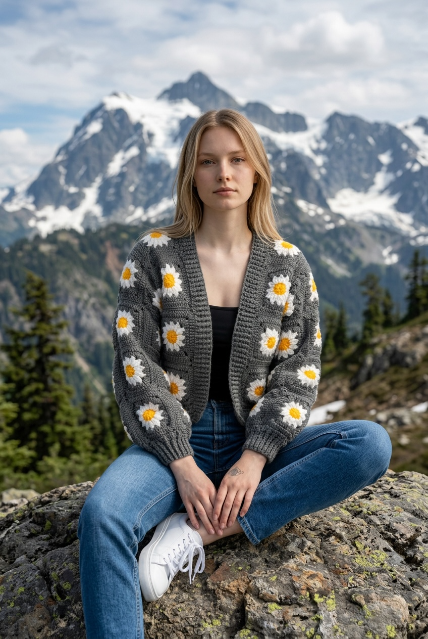Grey Picnic Crochet Cardigan
