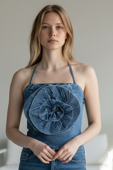 3D flower denim top